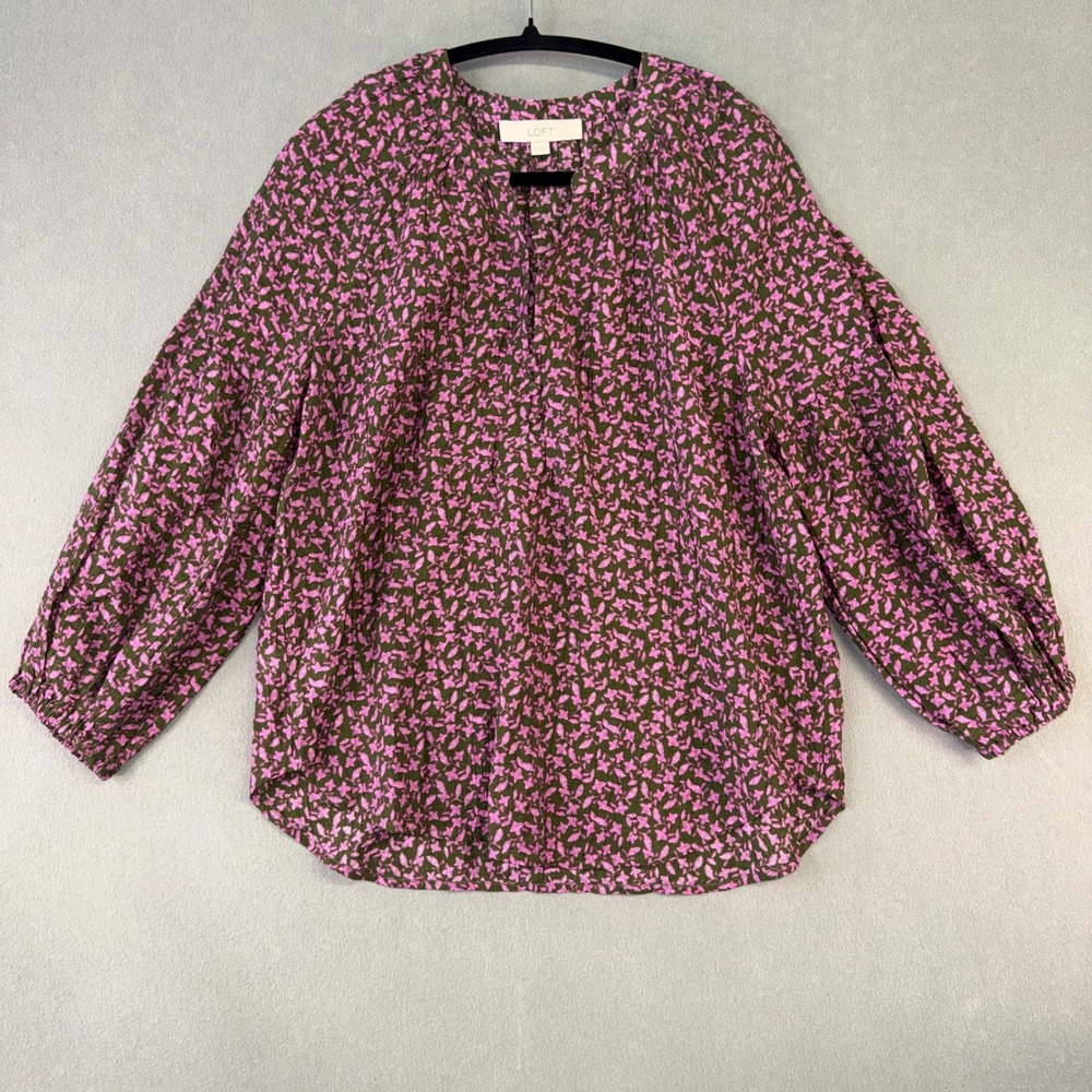 LOFT Pink Olive Green Floral Split Neck Blouse Long Sleeve Size S